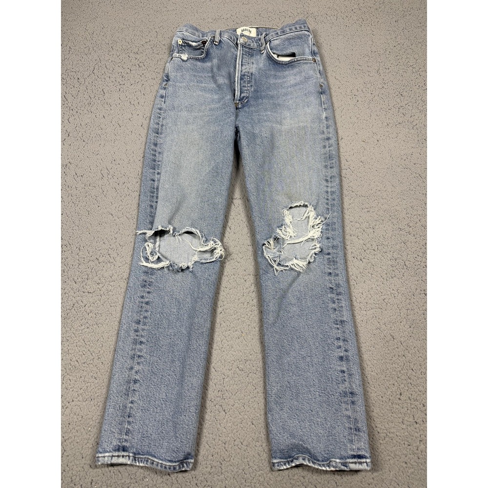 AGOLDE Jeans Womens 27 Light Blue Riley‎ Crop High Rise Distressed Button Fly